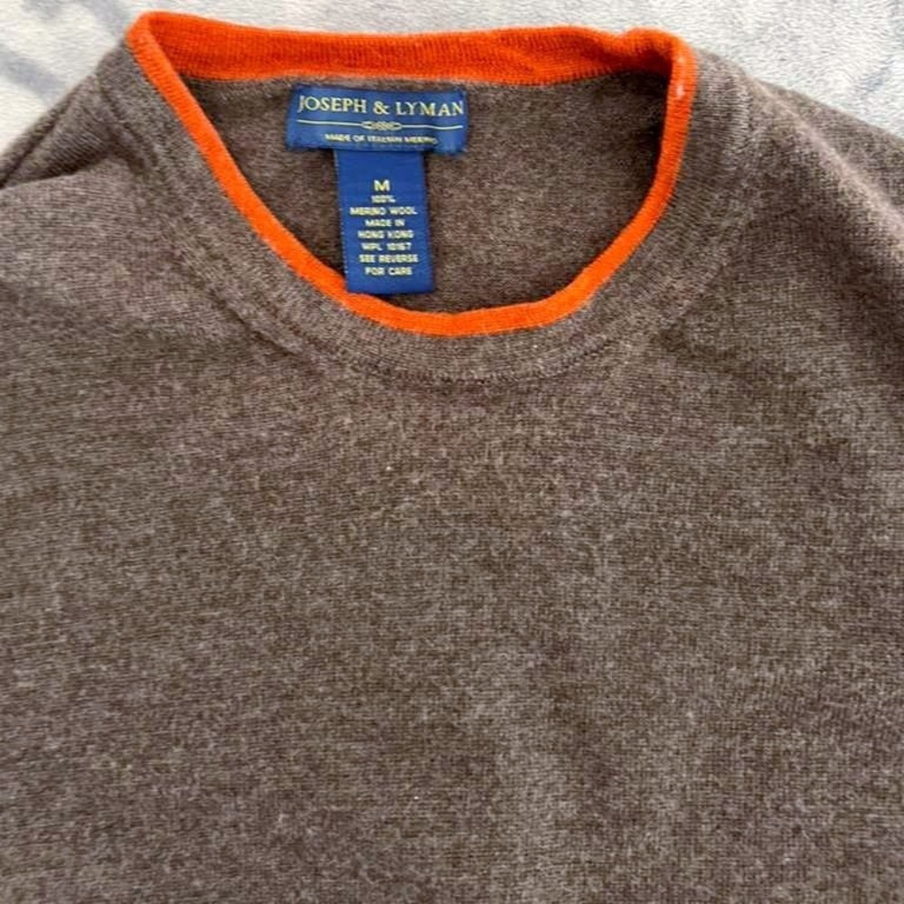 Joseph & Lyman 100% Italian Merino Wool Crew Neck Sweater Brown Orange Trim Medi